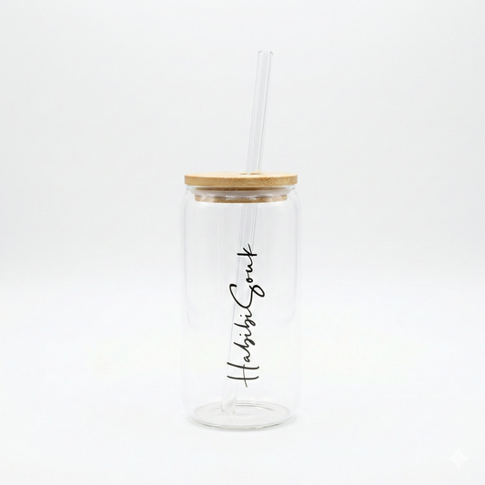 Verre Canette avec Couvercle en Bambou & Paille en Verre